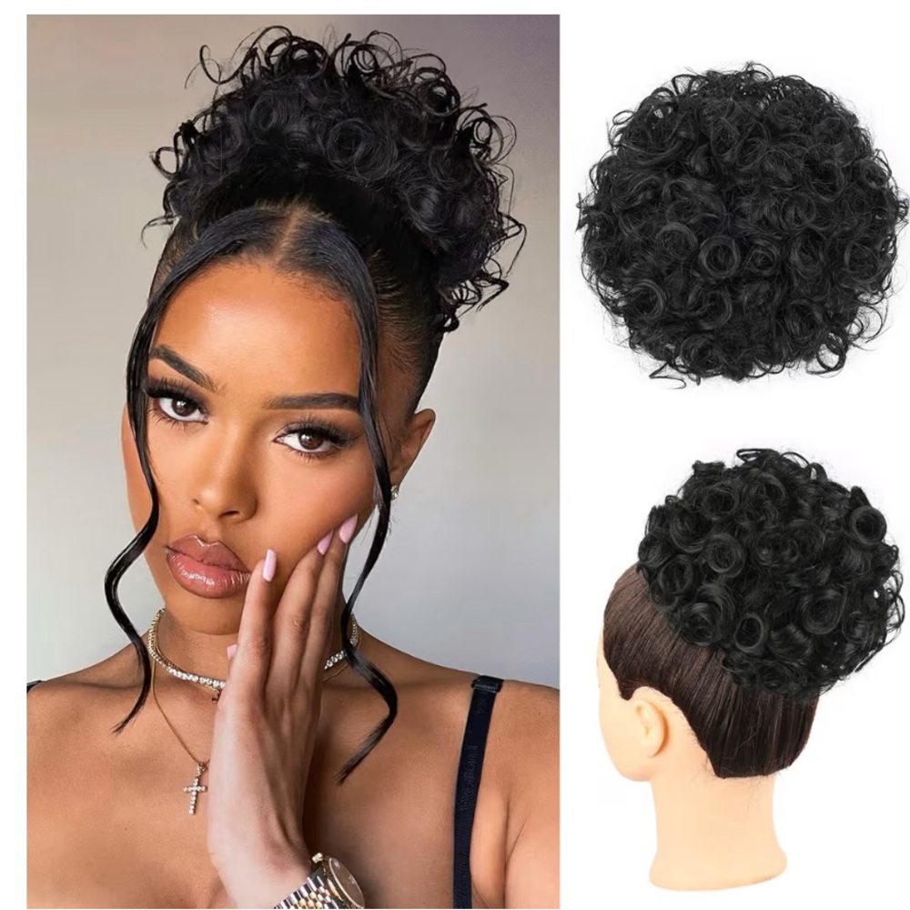 New! Messy Bun Hair Piece Curly Large Black with Drawstring